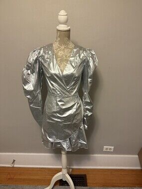 ROTATE Birger Christensen Number 24 Metallic Silver Puff Sleeve Wrap Mini Dress